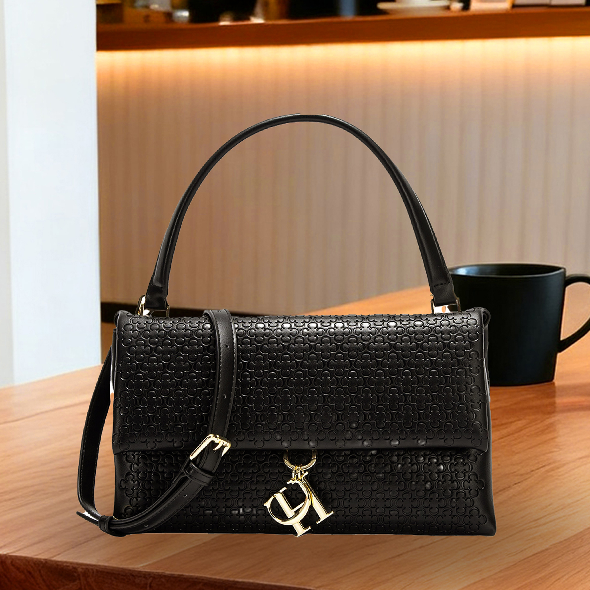 Structured Handbag Top Handle - CH Elegant Handbag Monogram Embossing Metal