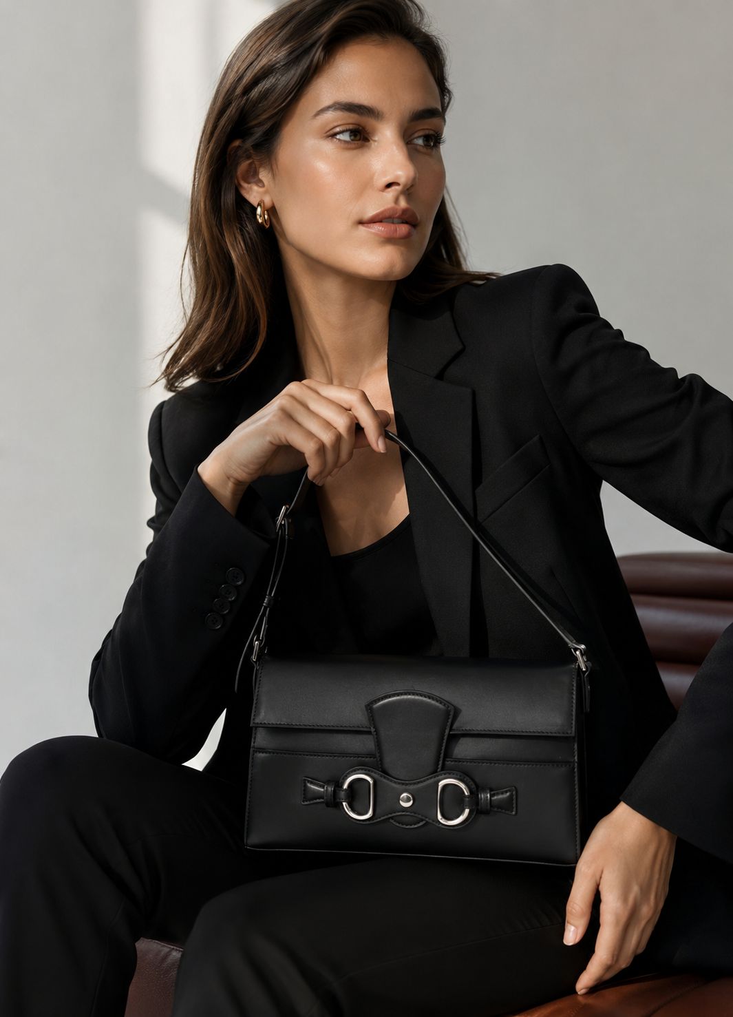 Structured Handbag Top Handle - Smooth black leather shoulder bag with