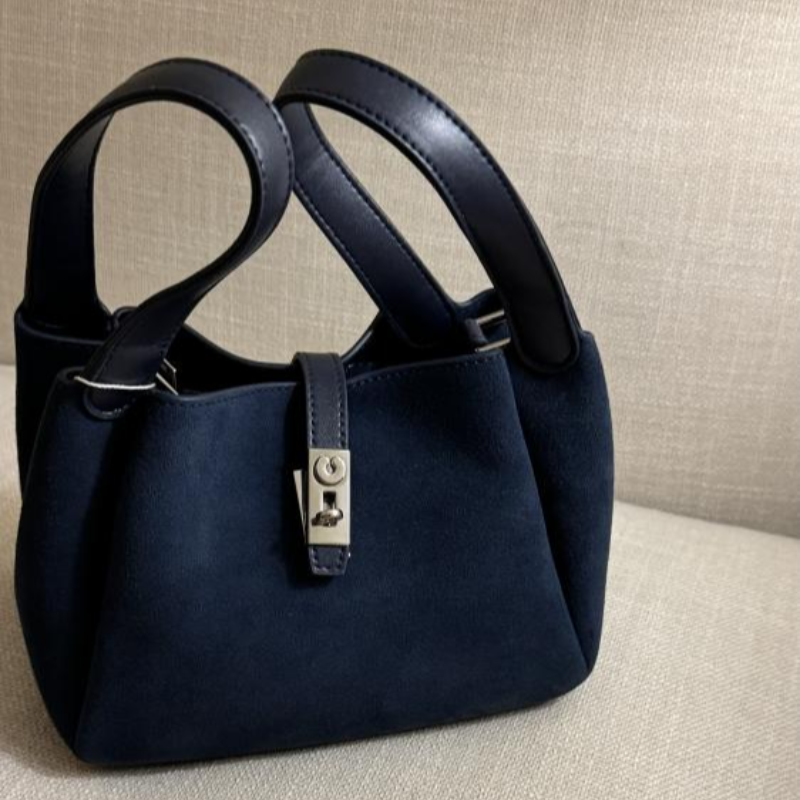 Luxury Bags With Silver Hardware - Luxury Suede Bucket Bag With Silver